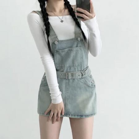 韩国chic复古收腰牛仔背带连衣裙 服裝批發女裝批發服飾貨源