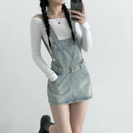 韩国chic复古收腰牛仔背带连衣裙 服裝批發女裝批發服飾貨源