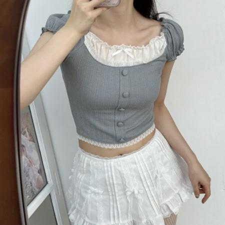 BY17705# 韩国chic设计感纯欲拼接蝴蝶结气质蕾丝边短款T恤 服裝批發女裝批發服飾貨源