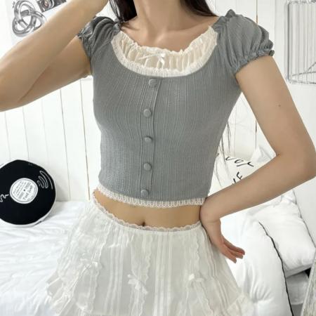 BY17705# 韩国chic设计感纯欲拼接蝴蝶结气质蕾丝边短款T恤 服裝批發女裝批發服飾貨源