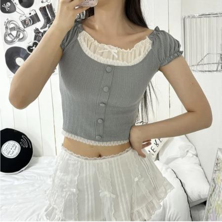 BY17705# 韩国chic设计感纯欲拼接蝴蝶结气质蕾丝边短款T恤 服裝批發女裝批發服飾貨源