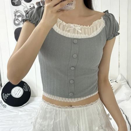 BY17705# 韩国chic设计感纯欲拼接蝴蝶结气质蕾丝边短款T恤 服裝批發女裝批發服飾貨源