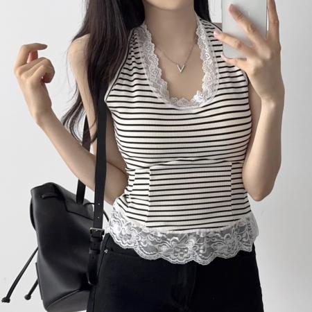 韩国chic蕾丝拼接挂脖吊带背心 服裝批發女裝批發服飾貨源