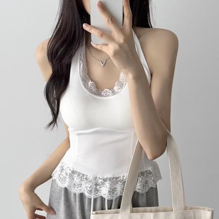 韩国chic蕾丝拼接挂脖吊带背心 服裝批發女裝批發服飾貨源