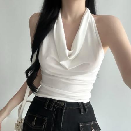 韩国chic荡领挂脖吊带背心无袖修身露骨套头上衣 服裝批發女裝批發服飾貨源