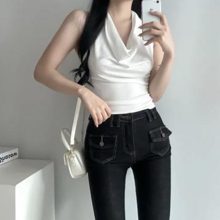 BY17707# 韩国chic荡领挂脖吊带背心无袖修身露骨套头上衣 服裝批發女裝批發服飾貨源