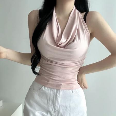 BY17707# 韩国chic荡领挂脖吊带背心无袖修身露骨套头上衣 服裝批發女裝批發服飾貨源