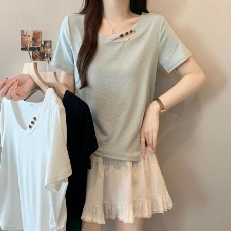 大码夏季斜肩串珠镂空百搭U领收腰显瘦褶皱打底衫上衣女 服裝批發女裝批發服飾貨源