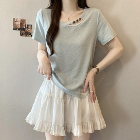 大码夏季斜肩串珠镂空百搭U领收腰显瘦褶皱打底衫上衣女 服裝批發女裝批發服飾貨源