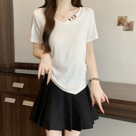 大码夏季斜肩串珠镂空百搭U领收腰显瘦褶皱打底衫上衣女 服裝批發女裝批發服飾貨源