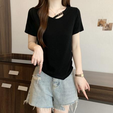 大码夏季斜肩串珠镂空百搭U领收腰显瘦褶皱打底衫上衣女 服裝批發女裝批發服飾貨源