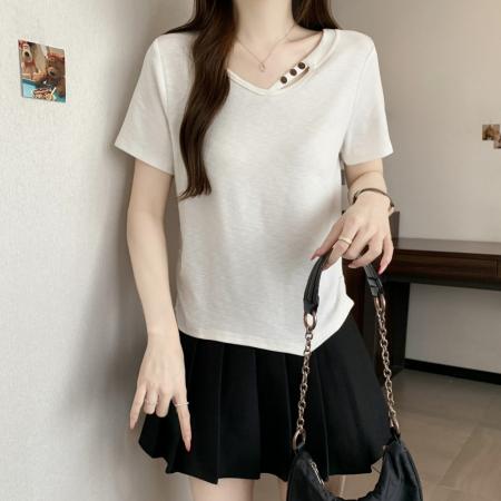 大码夏季斜肩串珠镂空百搭U领收腰显瘦褶皱打底衫上衣女 服裝批發女裝批發服飾貨源