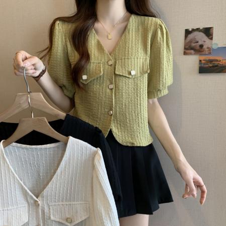 大码小香风衬衫女夏季新款V领短...