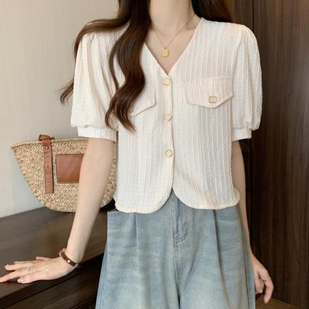 大码小香风衬衫女夏季新款V领短款设计感洋气短袖开衫上衣 服裝批發女裝批發服飾貨源