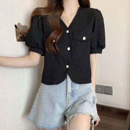 大码小香风衬衫女夏季新款V领短款设计感洋气短袖开衫上衣 服裝批發女裝批發服飾貨源