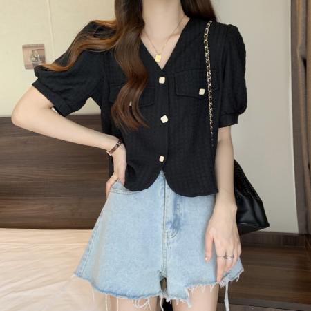 大码小香风衬衫女夏季新款V领短款设计感洋气短袖开衫上衣 服裝批發女裝批發服飾貨源