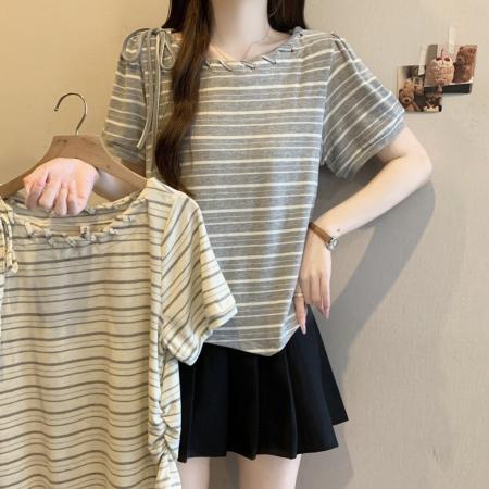 大码夏季新款宽松显瘦领圈绑带设计感条纹短袖T恤独特上衣 服裝批發女裝批發服飾貨源