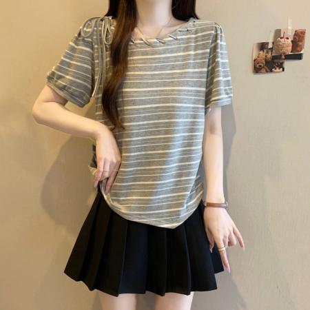 大码夏季新款宽松显瘦领圈绑带设计感条纹短袖T恤独特上衣 服裝批發女裝批發服飾貨源