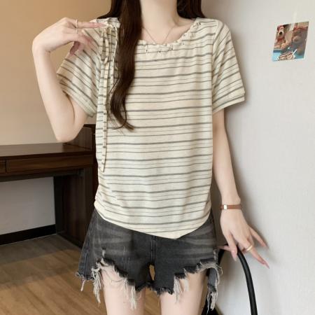 大码夏季新款宽松显瘦领圈绑带设计感条纹短袖T恤独特上衣 服裝批發女裝批發服飾貨源