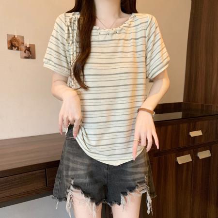 大码夏季新款宽松显瘦领圈绑带设计感条纹短袖T恤独特上衣 服裝批發女裝批發服飾貨源