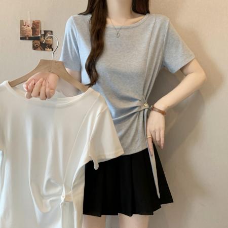 大码韩系设计感系带收腰短袖T恤女夏季新款圆领显瘦上衣 服裝批發女裝批發服飾貨源