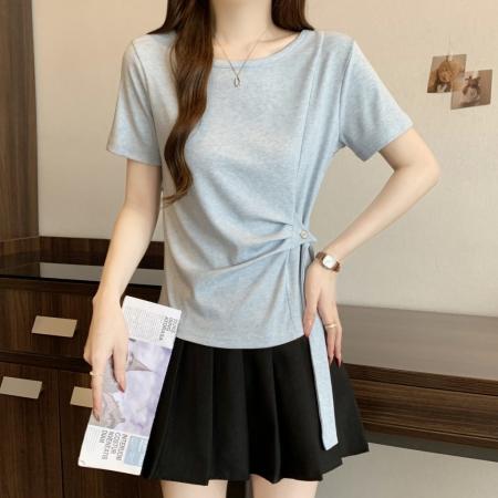 大码韩系设计感系带收腰短袖T恤女夏季新款圆领显瘦上衣 服裝批發女裝批發服飾貨源