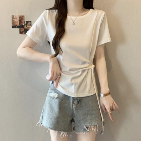 大码韩系设计感系带收腰短袖T恤女夏季新款圆领显瘦上衣 服裝批發女裝批發服飾貨源