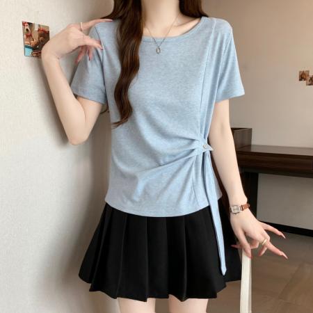 大码韩系设计感系带收腰短袖T恤女夏季新款圆领显瘦上衣 服裝批發女裝批發服飾貨源