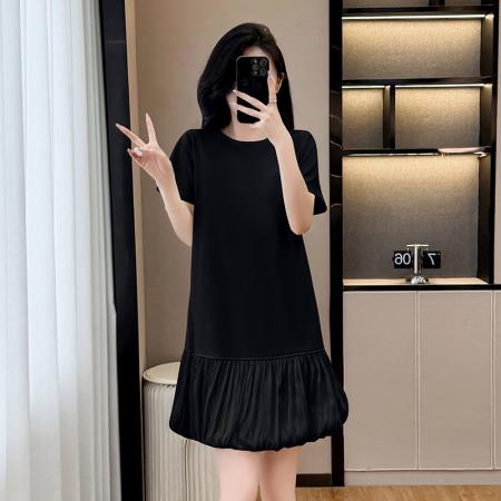 高级感气质纯色短款黑色连衣裙女夏季新款大码宽松显瘦小裙子 服裝批發女裝批發服飾貨源