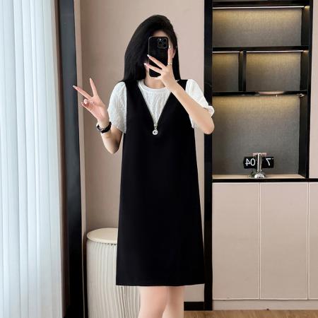 BY17723# 气质泡泡袖假两件连衣裙女夏季新款遮肉显瘦拼接中长款背带裙 服裝批發女裝批發服飾貨源