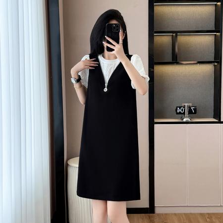 BY17723# 气质泡泡袖假两件连衣裙女夏季新款遮肉显瘦拼接中长款背带裙 服裝批發女裝批發服飾貨源