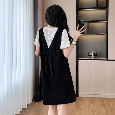 BY17723# 气质泡泡袖假两件连衣裙女夏季新款遮肉显瘦拼接中长款背带裙 服裝批發女裝批發服飾貨源