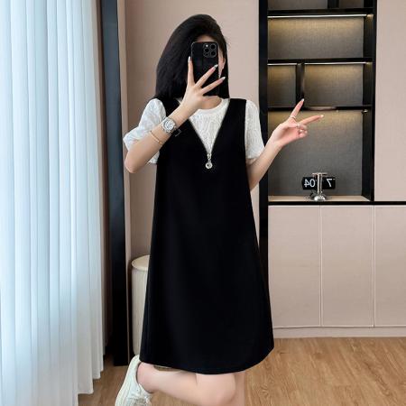 BY17723# 气质泡泡袖假两件连衣裙女夏季新款遮肉显瘦拼接中长款背带裙 服裝批發女裝批發服飾貨源