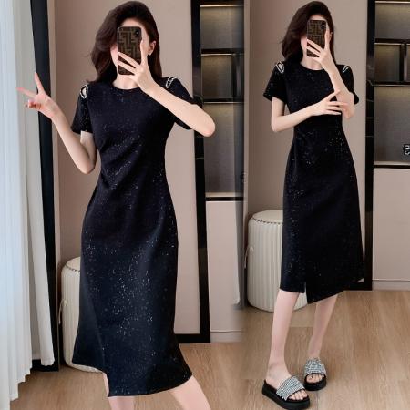 BY17724# 亮闪闪短袖连衣裙女夏季新款气质精致钉珠显瘦裙子 服裝批發女裝批發服飾貨源