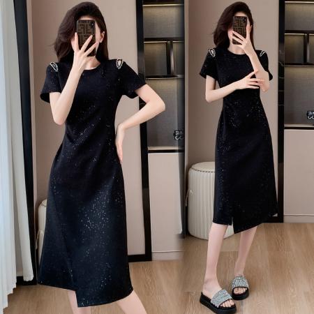 BY17724# 亮闪闪短袖连衣裙女夏季新款气质精致钉珠显瘦裙子 服裝批發女裝批發服飾貨源