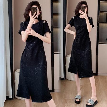 BY17724# 亮闪闪短袖连衣裙女夏季新款气质精致钉珠显瘦裙子 服裝批發女裝批發服飾貨源