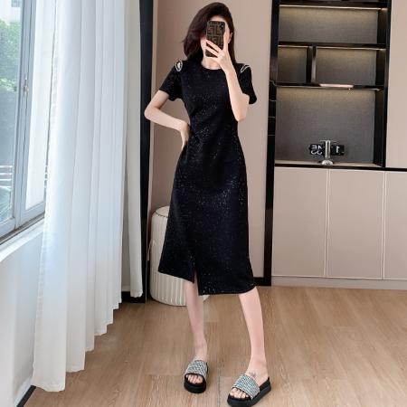 BY17724# 亮闪闪短袖连衣裙女夏季新款气质精致钉珠显瘦裙子 服裝批發女裝批發服飾貨源