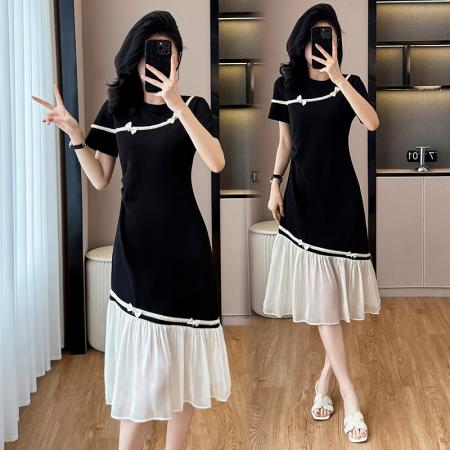 BY17725# 小香风撞色蝴蝶结拼接短袖连衣裙女夏季新款甜美减龄宽松显瘦裙子 服裝批發女裝批發服飾貨源