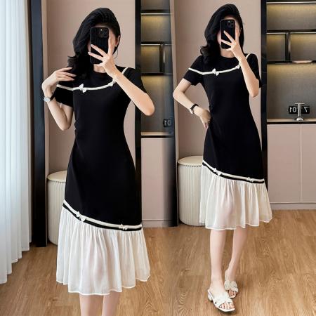 BY17725# 小香风撞色蝴蝶结拼接短袖连衣裙女夏季新款甜美减龄宽松显瘦裙子 服裝批發女裝批發服飾貨源