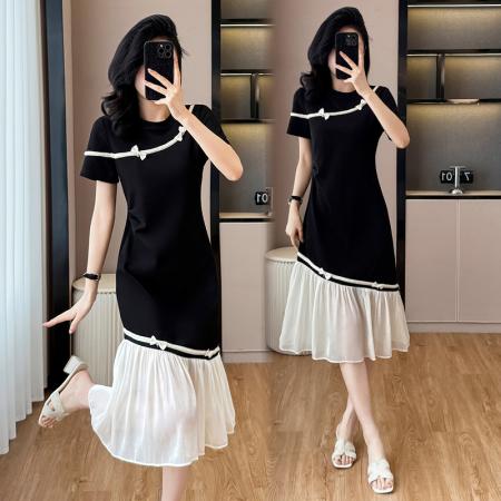 BY17725# 小香风撞色蝴蝶结拼接短袖连衣裙女夏季新款甜美减龄宽松显瘦裙子 服裝批發女裝批發服飾貨源