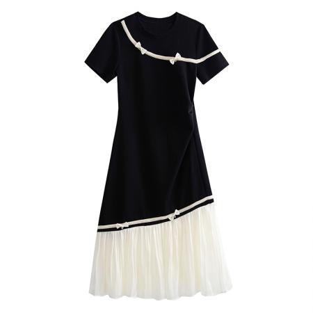 BY17725# 小香风撞色蝴蝶结拼接短袖连衣裙女夏季新款甜美减龄宽松显瘦裙子 服裝批發女裝批發服飾貨源