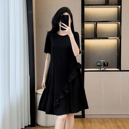 BY17726# 高级轻奢黑色圆领连衣裙女夏新款宽松显瘦不规则拼接长裙 服裝批發女裝批發服飾貨源