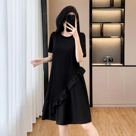 BY17726# 高级轻奢黑色圆领连衣裙女夏新款宽松显瘦不规则拼接长裙 服裝批發女裝批發服飾貨源