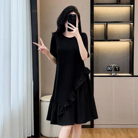 BY17726# 高级轻奢黑色圆领连衣裙女夏新款宽松显瘦不规则拼接长裙 服裝批發女裝批發服飾貨源