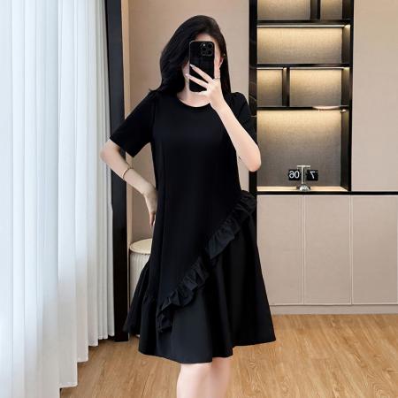 BY17726# 高级轻奢黑色圆领连衣裙女夏新款宽松显瘦不规则拼接长裙 服裝批發女裝批發服飾貨源