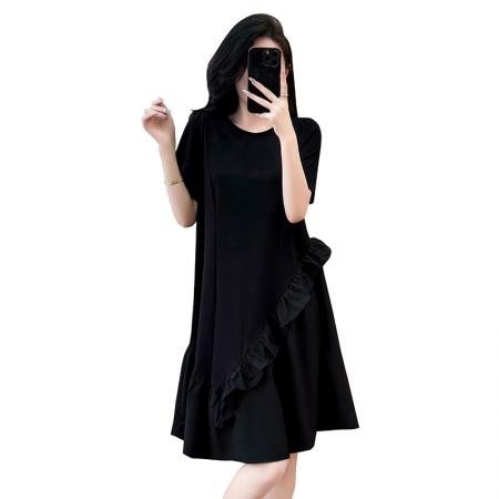 BY17726# 高级轻奢黑色圆领连衣裙女夏新款宽松显瘦不规则拼接长裙 服裝批發女裝批發服飾貨源