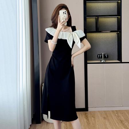 BY17727# 黑色连衣裙女新款洋气法式轻奢斜肩撞色蝴蝶结百搭A字裙 服裝批發女裝批發服飾貨源
