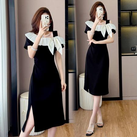 BY17727# 黑色连衣裙女新款洋气法式轻奢斜肩撞色蝴蝶结百搭A字裙 服裝批發女裝批發服飾貨源