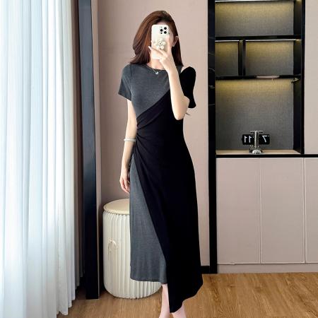 BY17728# 圆领挖肩撞色拼接不规则黑色连衣裙女夏季收腰显瘦气质拼接长裙 服裝批發女裝批發服飾貨源