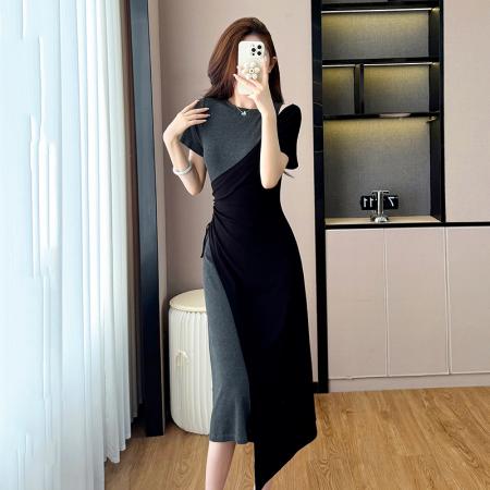 BY17728# 圆领挖肩撞色拼接不规则黑色连衣裙女夏季收腰显瘦气质拼接长裙 服裝批發女裝批發服飾貨源